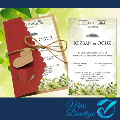 Bordo Zarflı Bohem Yeşil Bahçe Çiçekli Davetiye